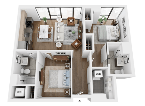 Floor plan for 2 beds, 2 baths, 928 sqft